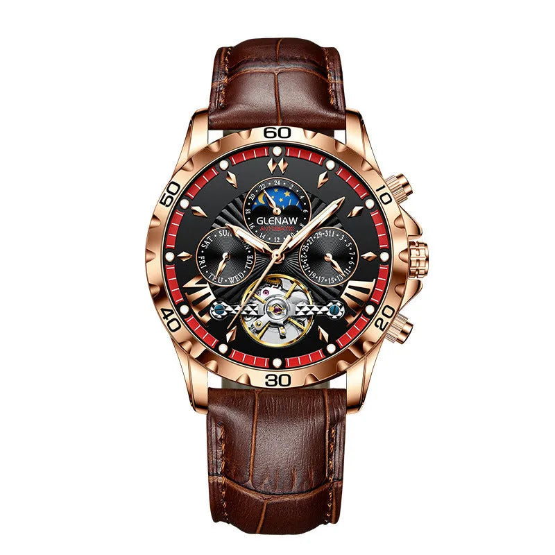 Men's automatic mechanical watch with hollowed-out skeleton dial, silver case, green circle, black leather strap