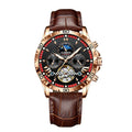 Men's automatic mechanical watch with hollowed-out skeleton dial, silver case, green circle, black leather strap