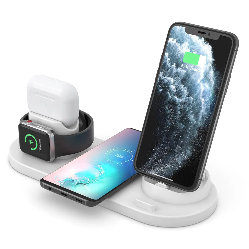Black and white 6-in-1 wireless charging mobile phone holder with AirPods and iWatch charging ports