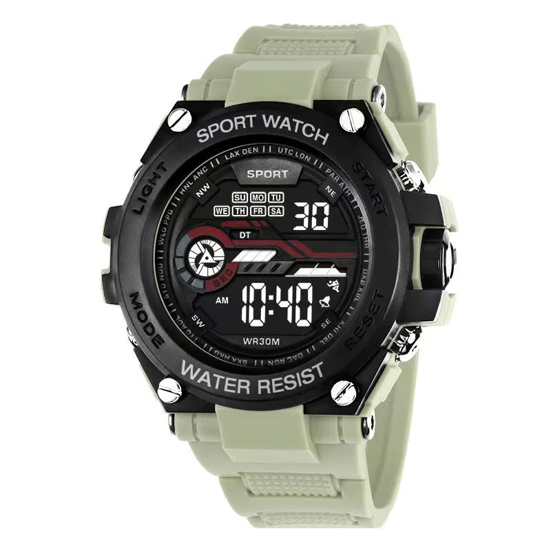 Digital electronic watch with LED display in multiple colour options
