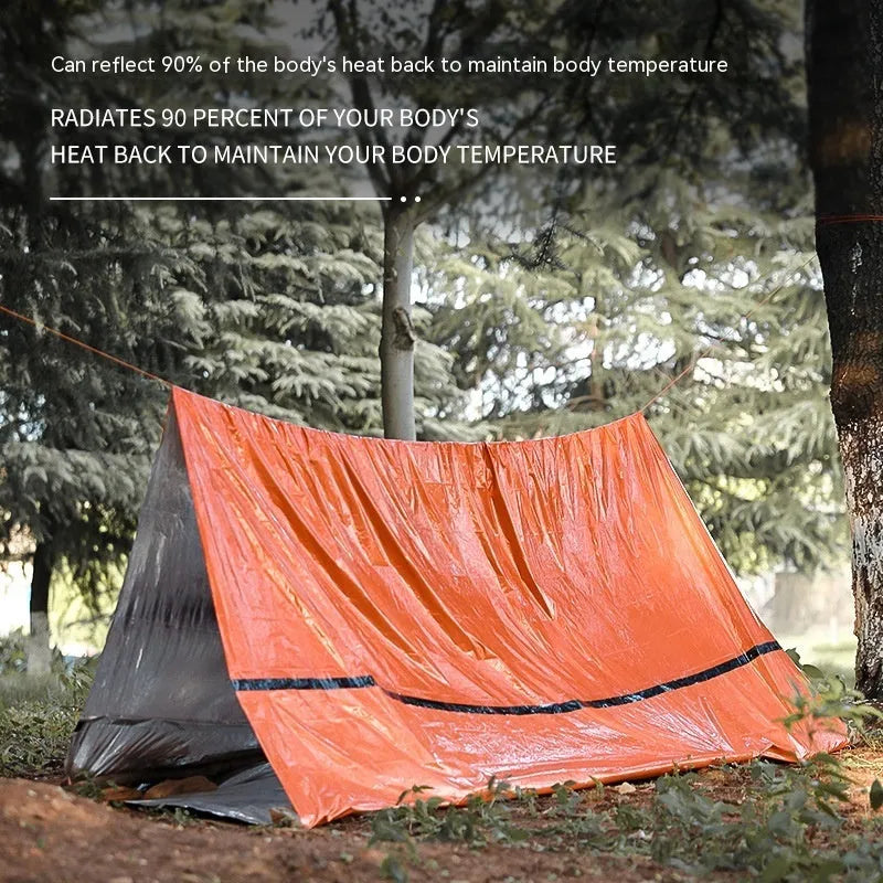 Orange and green emergency disaster relief tent with sleeping bag and raincoat set