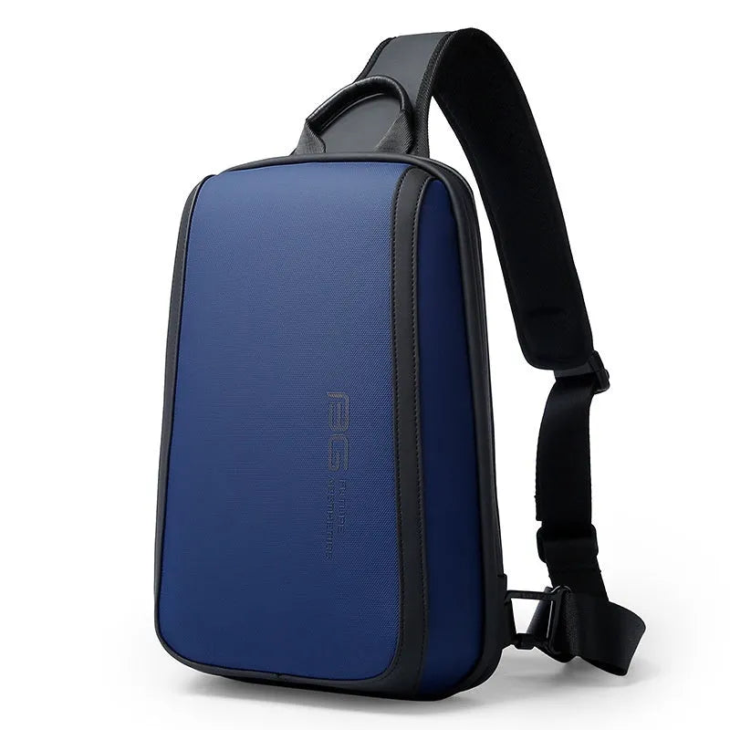 Blue men's Oxford cloth chest bag with dual shoulder straps and soft handle.