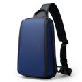 Blue men's Oxford cloth chest bag with dual shoulder straps and soft handle.