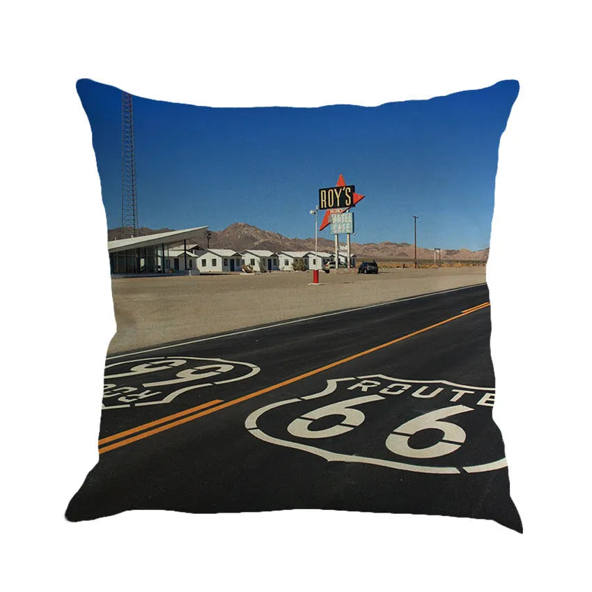 Square linen-cotton Route 66 landscape pattern cushion cover on a car seat