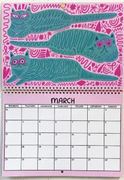 Cat-themed wall calendar planner showing monthly grids, available for 2024 and 2025