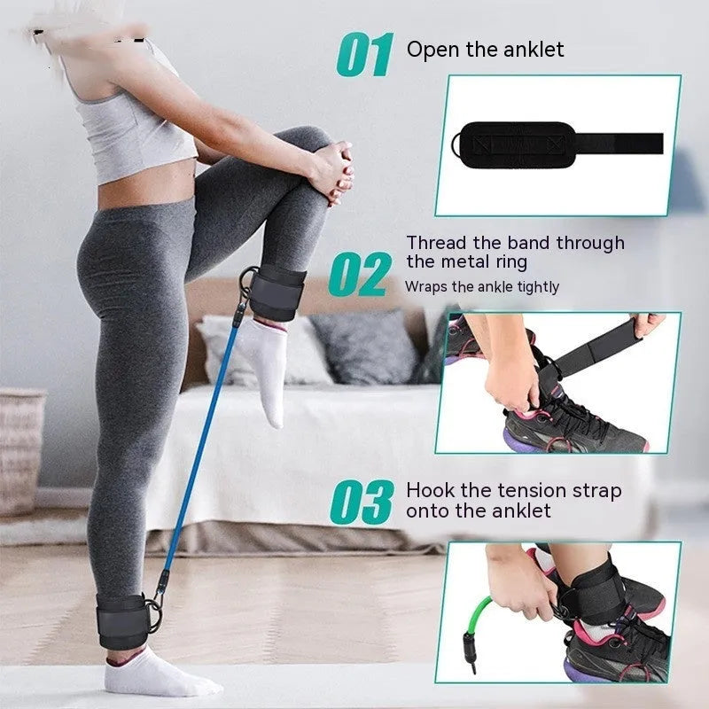 TPE leg resistance band set with three tension levels, foot loops, and storage bag for yoga hip lifting exercises