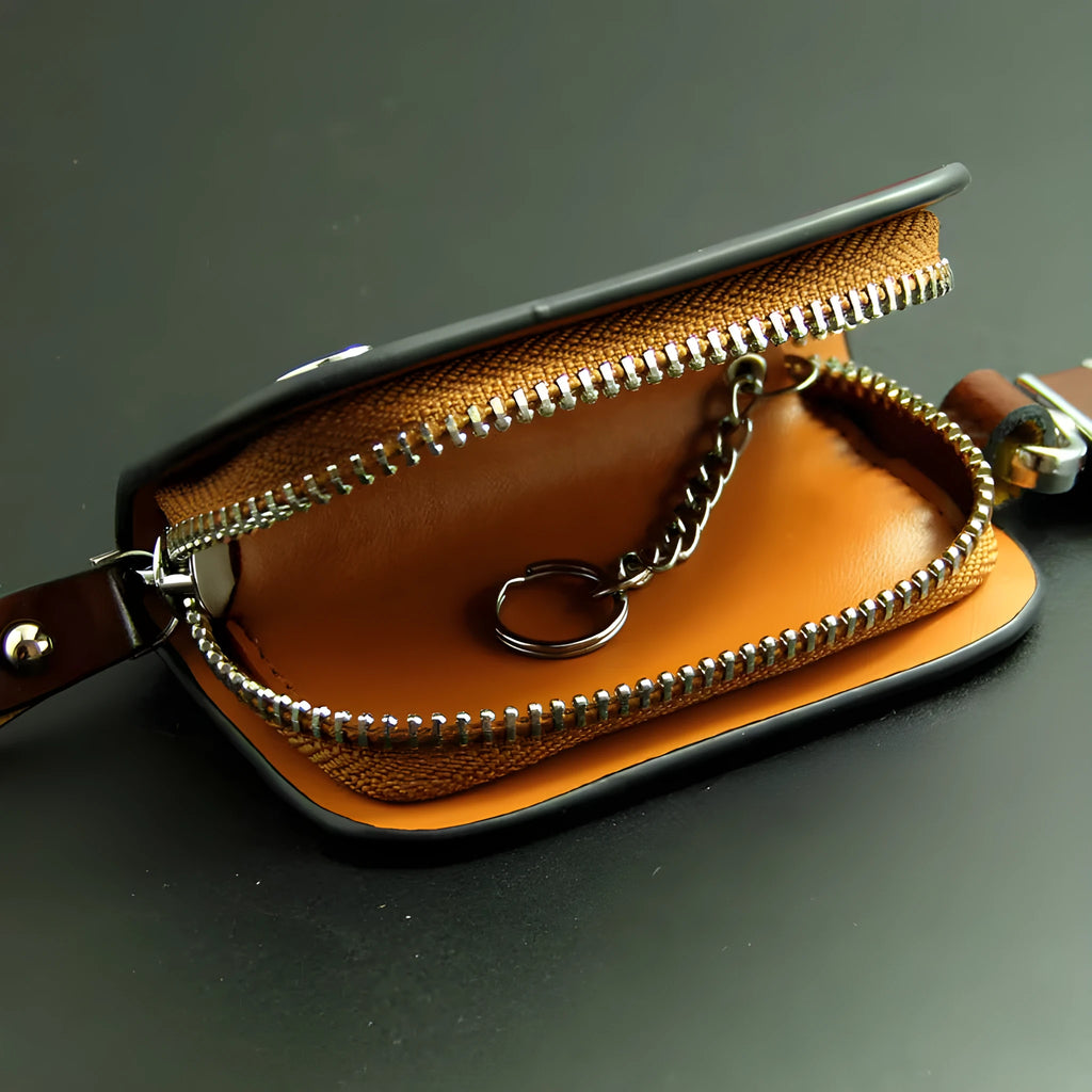 Genuine leather car key case with zipper in black and brown frosted finish