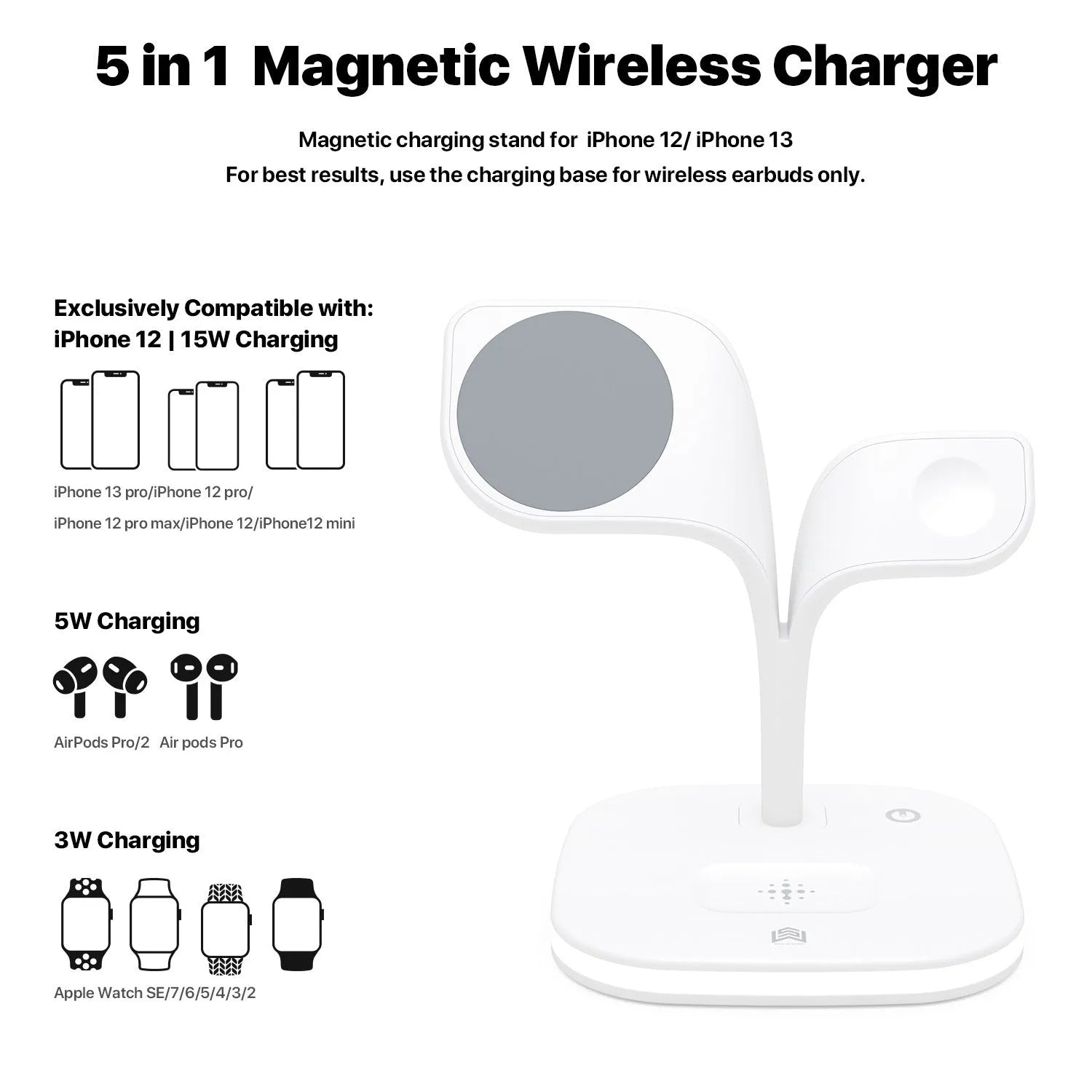 Black wireless charging stand for phone, watch, and headphones on desk with USB cable