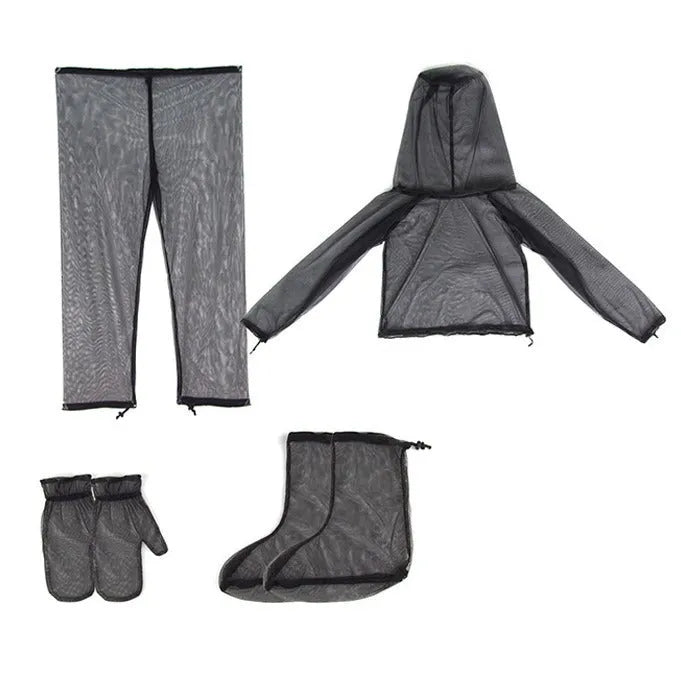 Mosquito-proof clothing four-piece set with hooded top, trousers and booties for outdoor activities