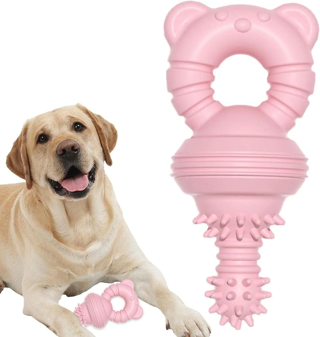 Blue rubber dog chew toy with textured surface and bell inside for dental cleaning and play