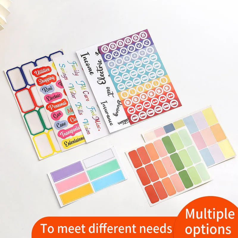 Handwritten label stickers showing multiple grid formats, A6 ruler versions, and coloured sticky notes on white background