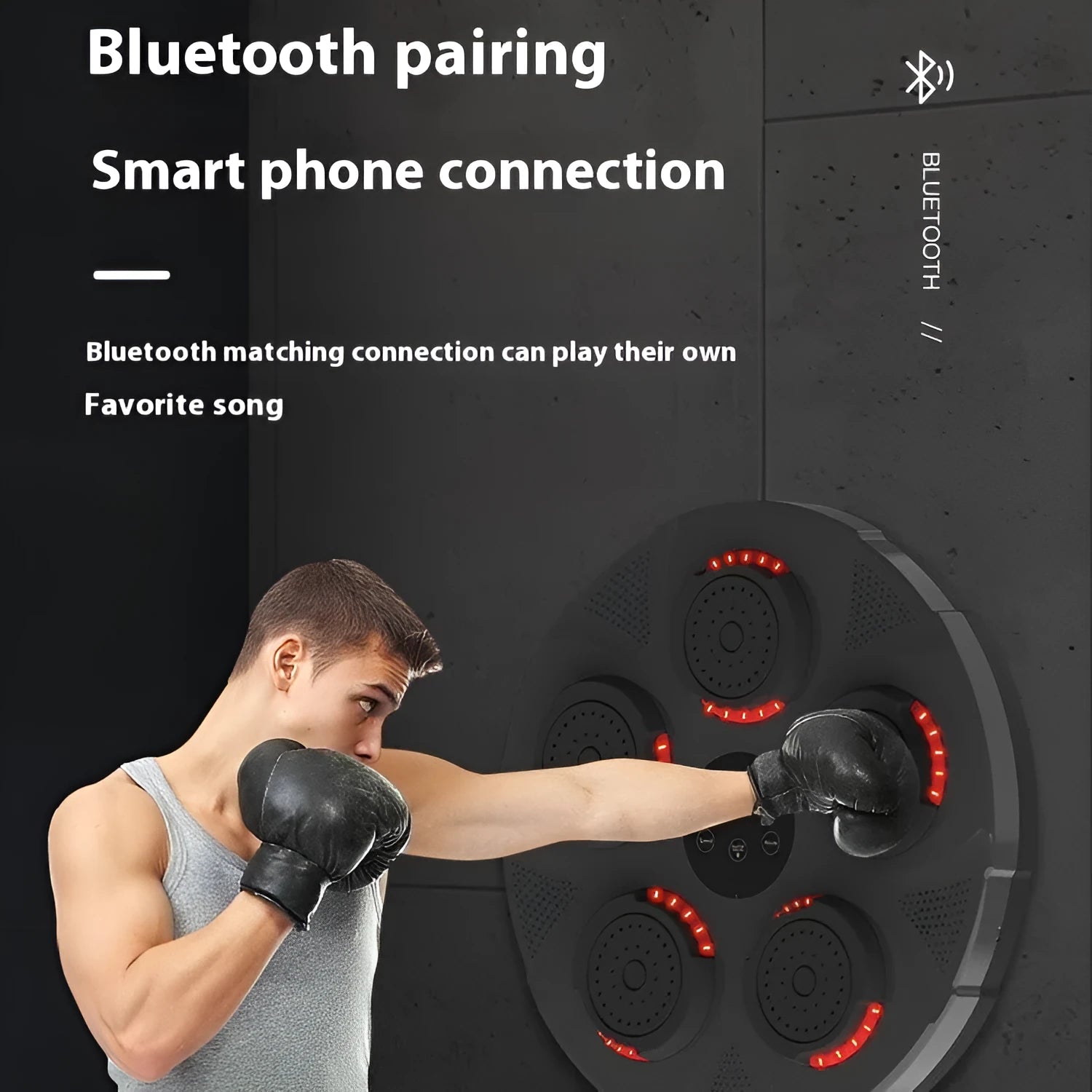 Black wall-mounted smart boxing trainer sandbag with blue lights, showing wall bracket and striking target surface.