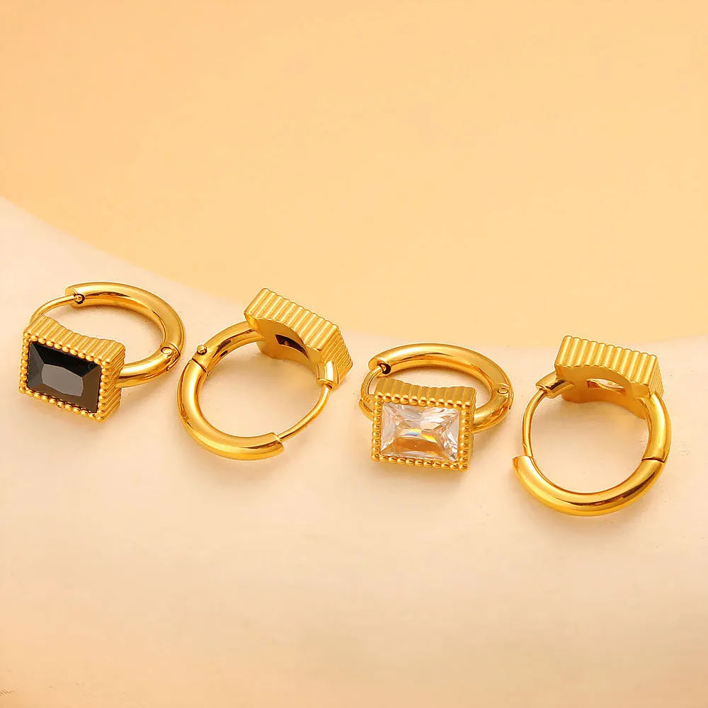Square geometric zircon stainless steel earrings in white, black or green colour options
