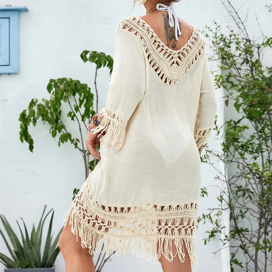 Apricot crocheted patchwork beach dress with mid-length skirt and half sleeves