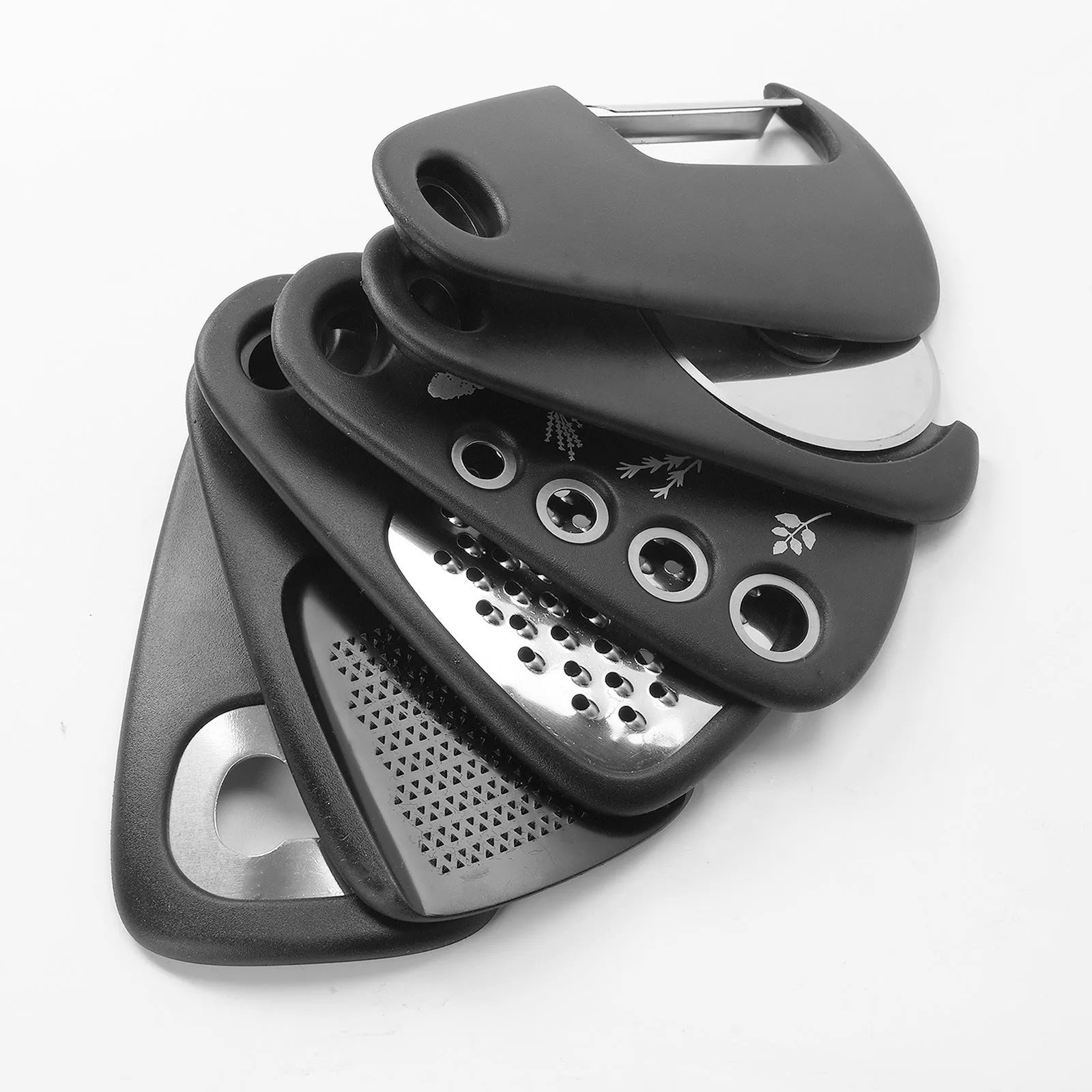 Six stacking kitchen gadgets and a brush in a colour box, made from stainless steel and PP plastic