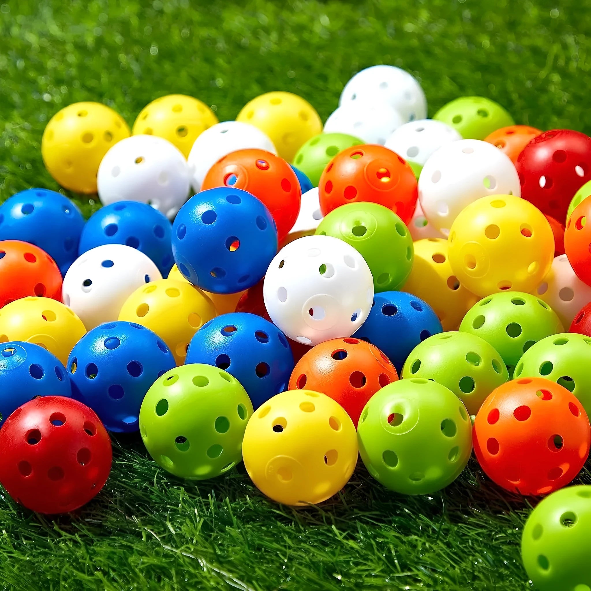 Multi-colour golf practice balls in red, orange, blue, green, white, and yellow packed in a net bag.
