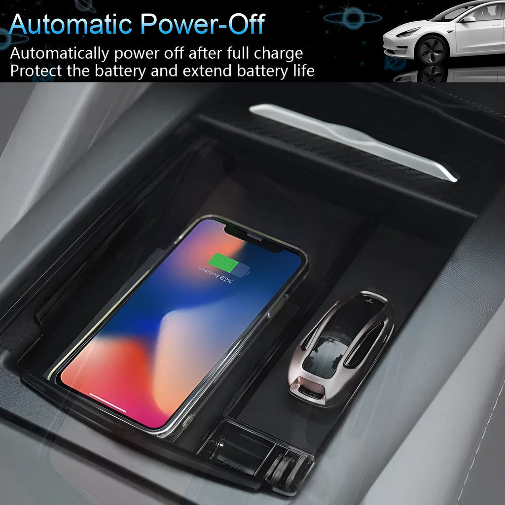 Black wireless charging storage box with QI compatibility and storage compartment