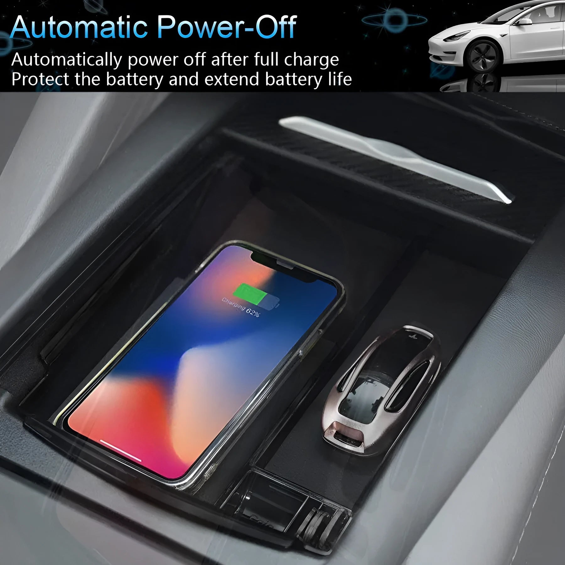 Black wireless charging storage box with QI compatibility and storage compartment