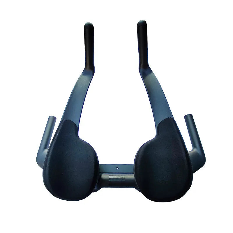 Black carbon fibre time trial bicycle handlebar with aerobar extensions, shown from the side.
