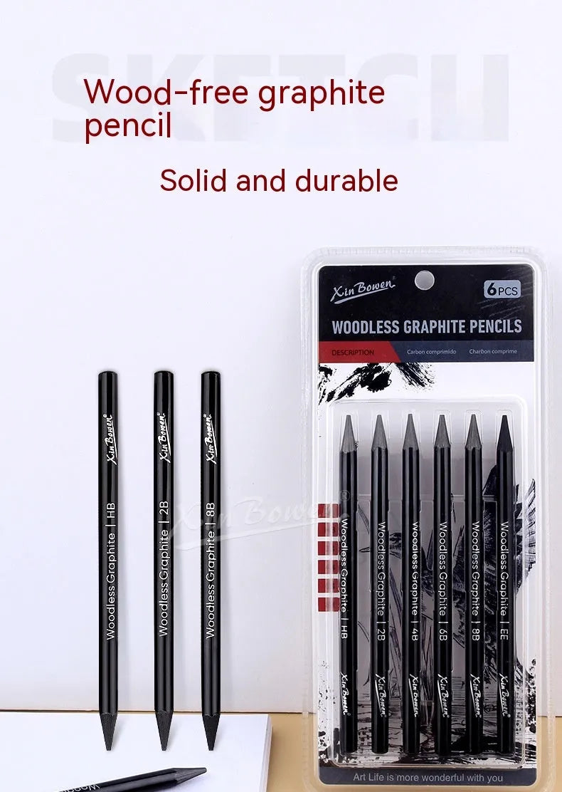 Set of six wood-free graphite sketching pencils with grades HB, 2B, 4B, 6B, 8B, EE for art drawing