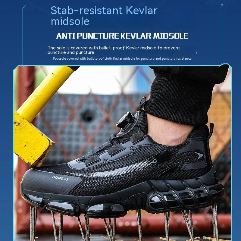 Men's low-top black work safety shoes with lace-up front and breathable Flyknit upper.