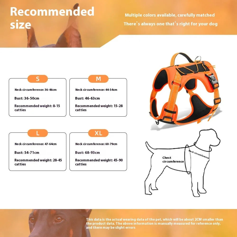 Orange reflective dog harness vest with integrated black hand-holding rope, shown on a dog.