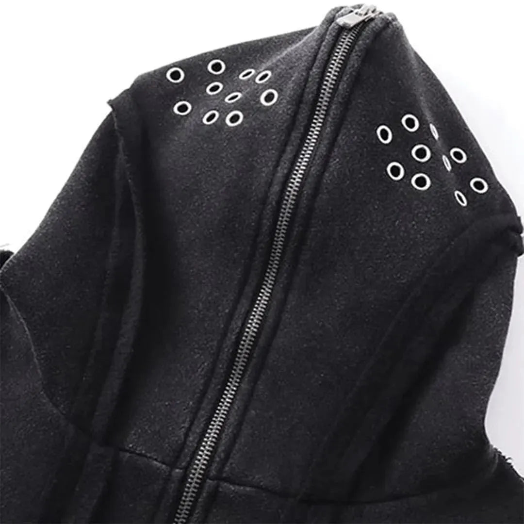 Black padded cotton hooded coat with abstract pattern and zip front in loose retro style