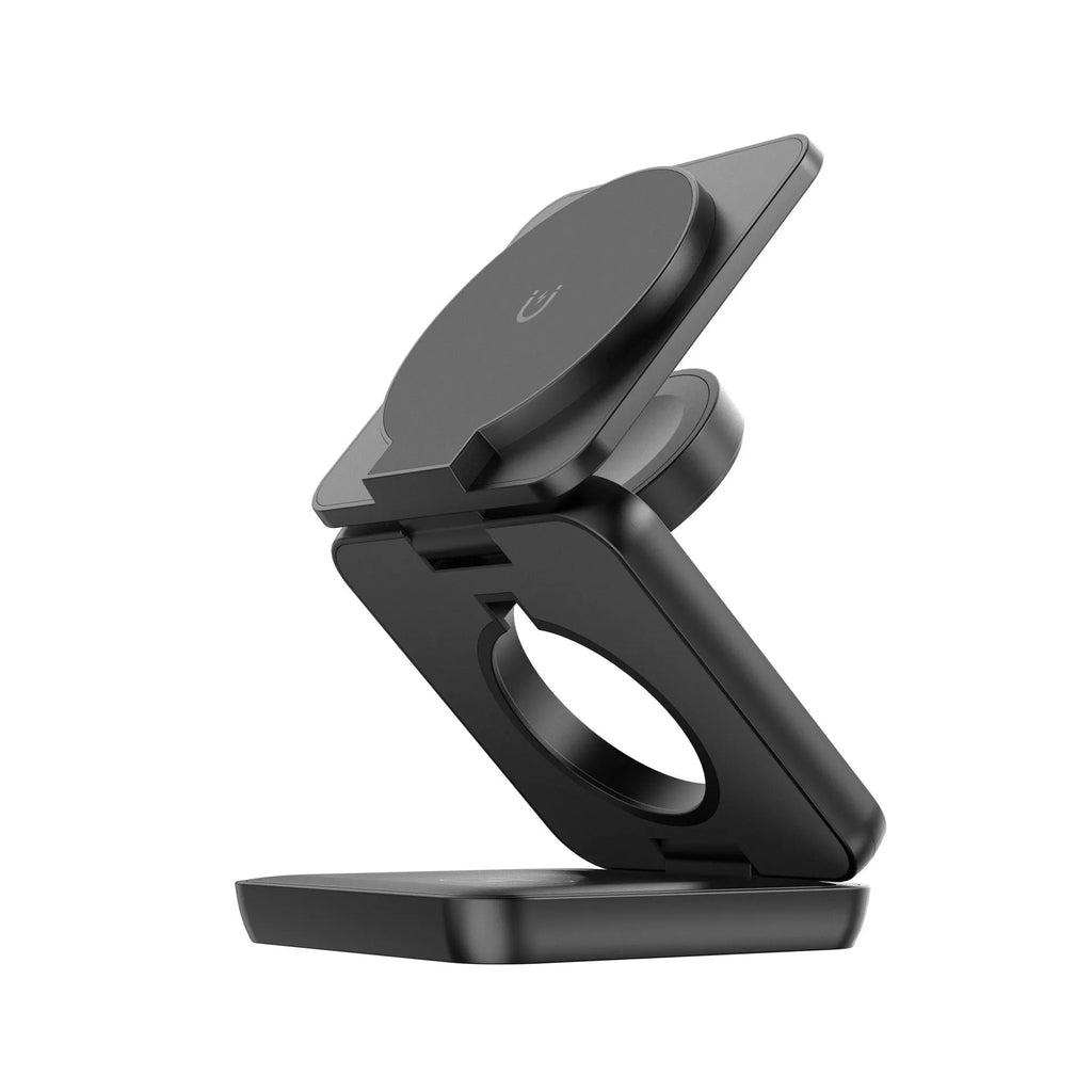 Foldable magnetic wireless car phone charger holder in white on car dashboard