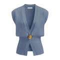 Women's loose V-neck button cardigan in sapphire blue colour showing front button design