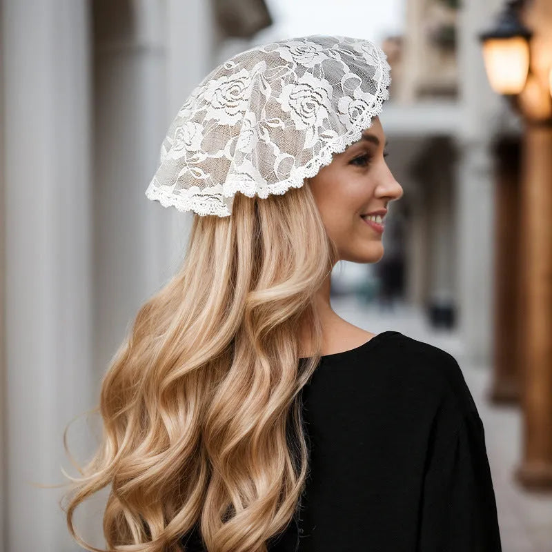 Round floral head cover for weddings measuring 30cm in black or white polyester fabric