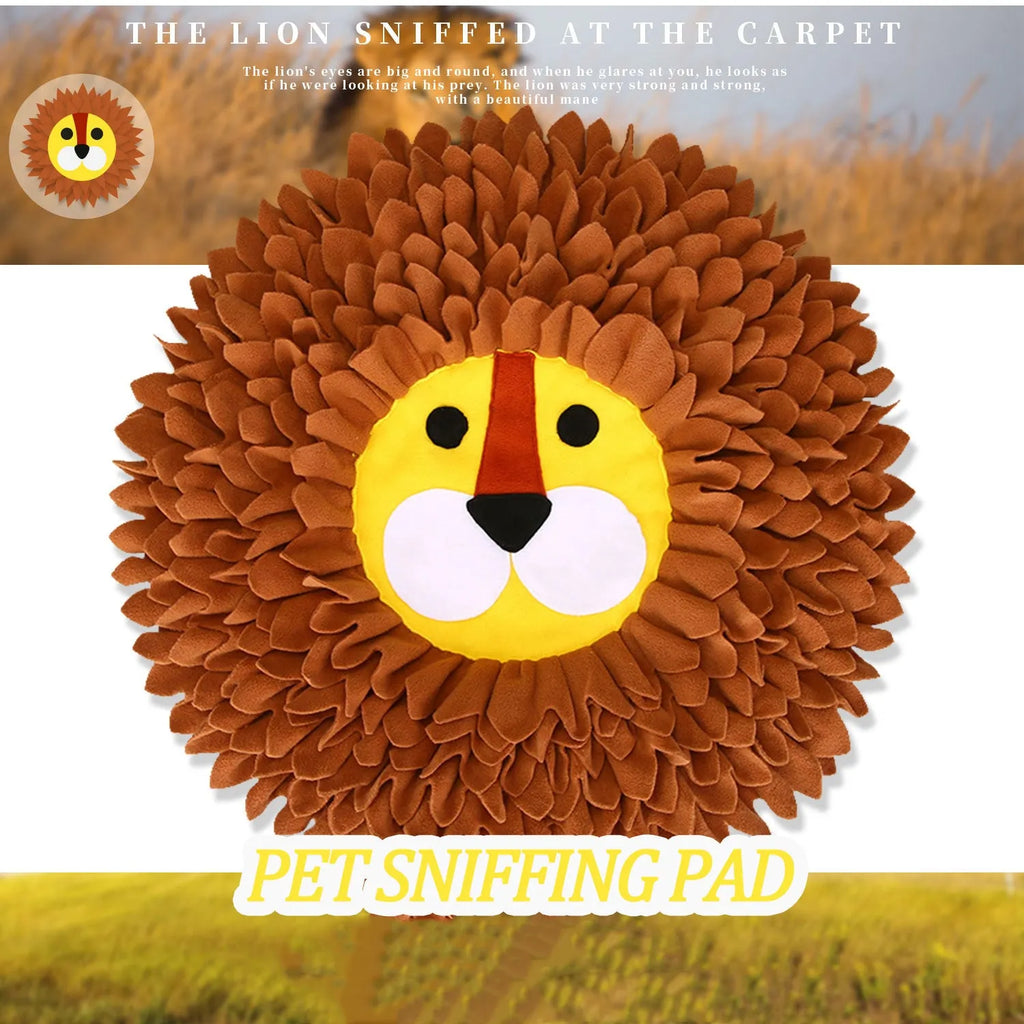 Brown lion-shaped pet sniffing mat with textured Yizhiwen pattern for hiding treats