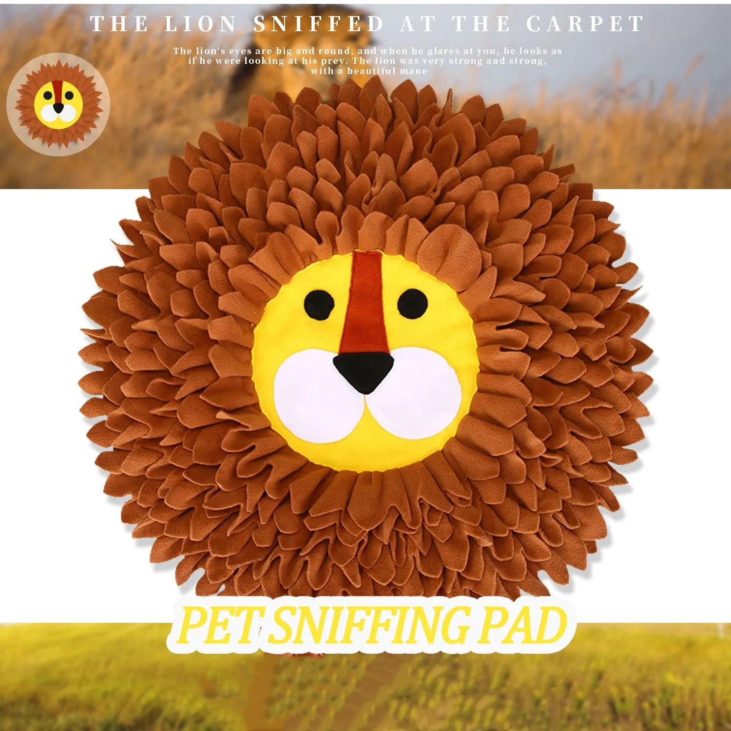 Brown lion-shaped pet sniffing mat with textured Yizhiwen pattern for hiding treats