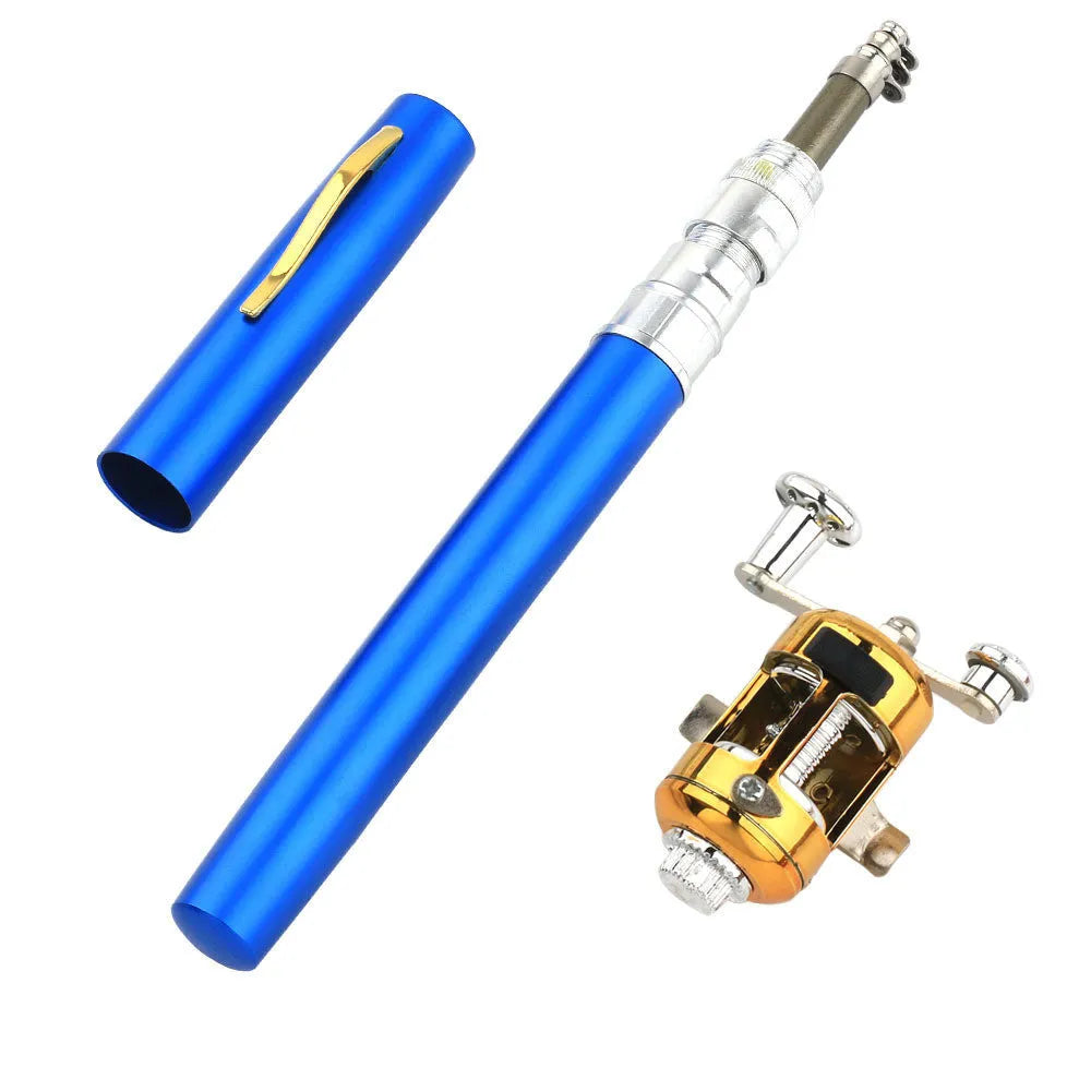 Gold telescopic pocket fishing rod extended next to its aluminium pen case and ST5RL reel.