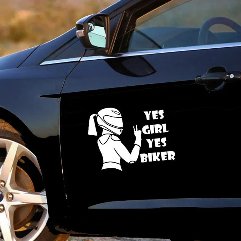 Cool girl rider design car waterproof sticker in PET material measuring 16cm by 15cm