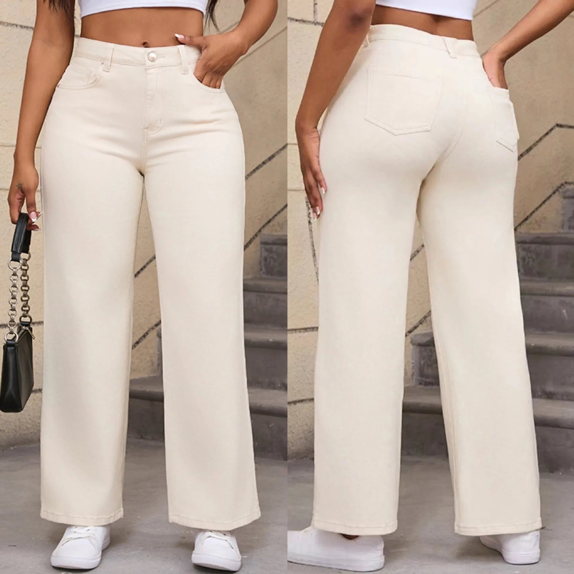 Women's high-waisted wide-leg straight jeans in apricot colour on a hanger