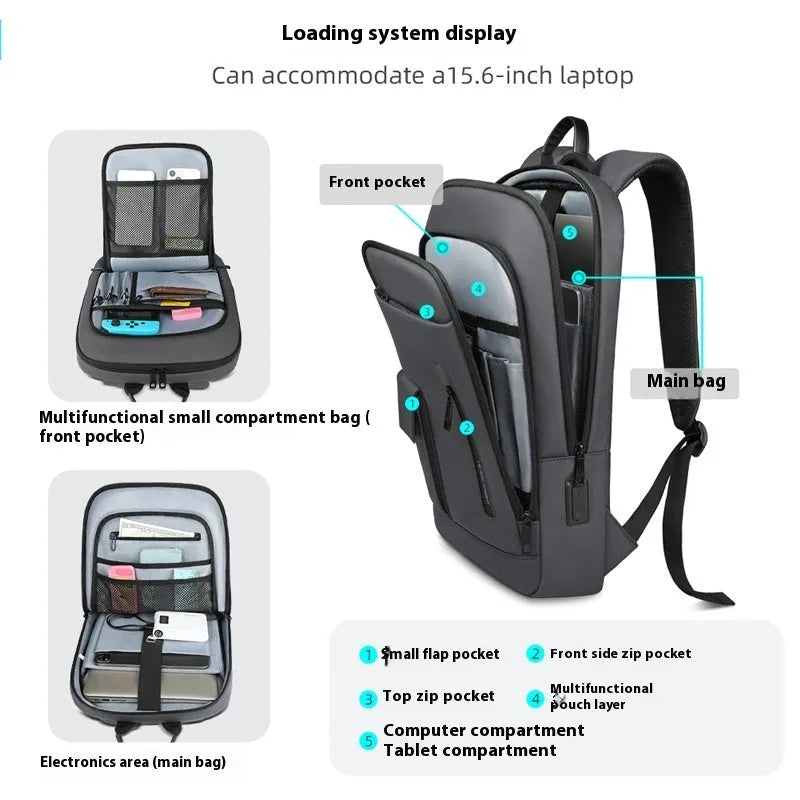 Lightweight oxford cloth men's backpack with sewing line detail in dark gray colour