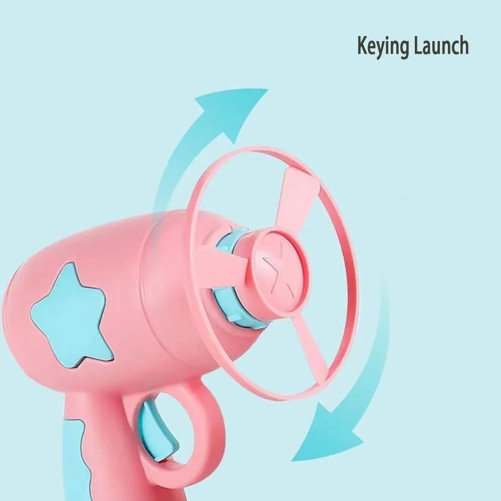 Blue or pink plastic cat toy gun with two Frisbee discs for indoor play.