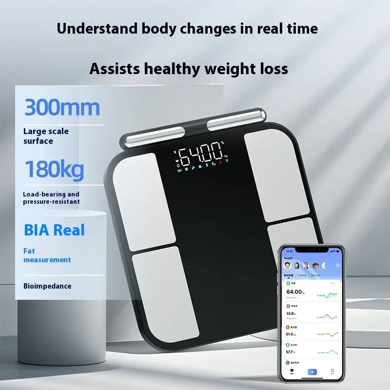 Black electronic weighing scale with tempered glass platform showing body fat percentage on colour display