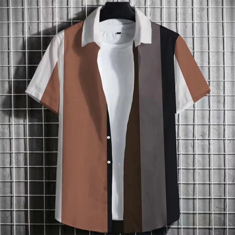 Men's striped linen T-shirt with 3D printing design, short sleeves, multiple colour options