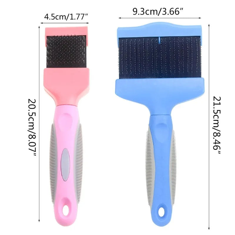 Double-sided blue pet brush for dogs and cats showing soft pins on one side and firm stainless steel pins on the other.