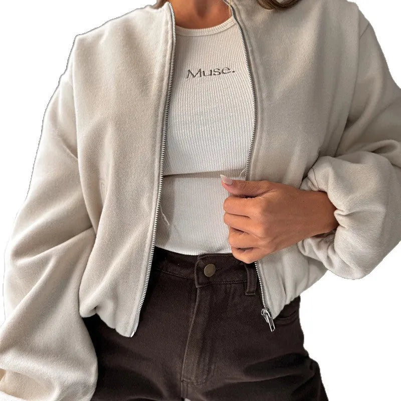 Milky White women's off-shoulder jacket with round neck and long lantern sleeves, loose casual fit.