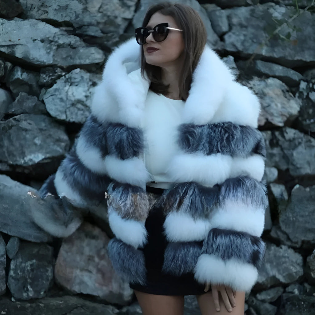 Women's loose artificial fur hooded coat in brown and white silver fox colours, medium length 65cm street fashion outerwear