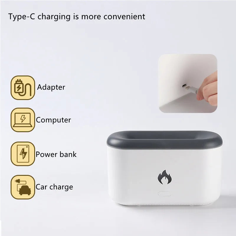 3D flame humidifier 300ml ultrasonic aroma diffuser in black with USB cable on desk