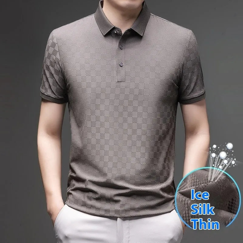 Rhombus thin ice silk short sleeve t-shirt in black with V-neck and side slit detailing