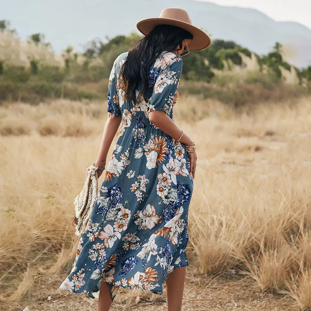 Floral print women's beach dress with V-neck and elastic waist in yellow colour