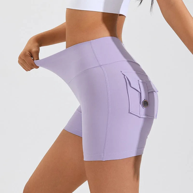 High-waist quick-dry sports shorts for women with side pockets in avocado green colour