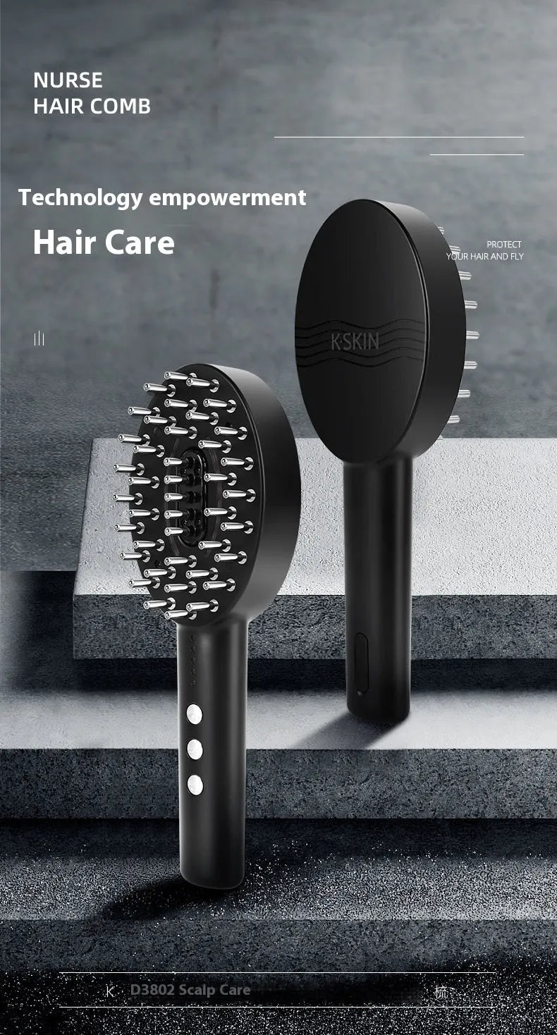 Black handheld scalp massage device with adjustable vibration settings and USB charging port