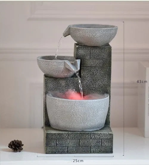 Light grey desktop fountain humidifier with hand-painted resin waterscape and atomizer, 25x21x43cm