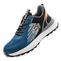 Blue men's safety work shoes with mesh upper, plastic toe cap, and lace-up front.