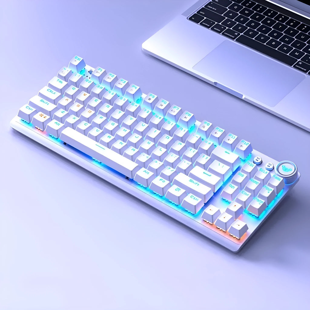 Wireless mechanical keyboard with metal construction and side-engraved keycaps showing Bluetooth connectivity options